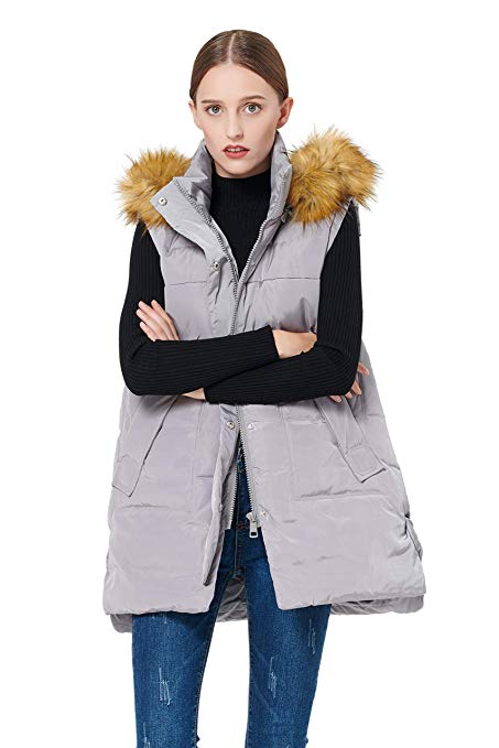 Orolay Women's Winter Long Down Vest with Faux Fur Trimmed Hood Casual ...